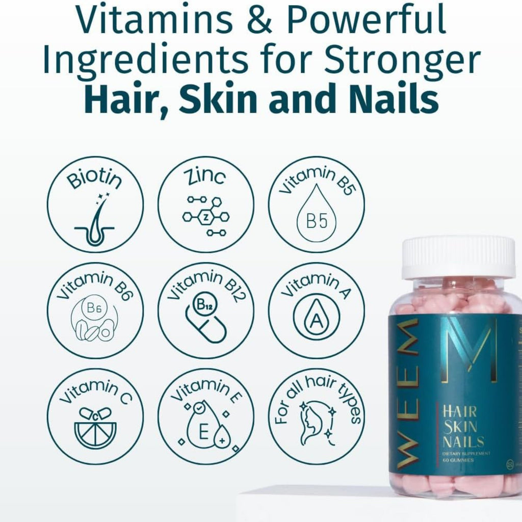 WEEM Hair Skin & Nails Gummies – Vegan Biotin Vitamins for Faster Hair Growth, Stronger Nails & Healthy Skin – Extra Strength Raspberry Flavor – 1 Bottle