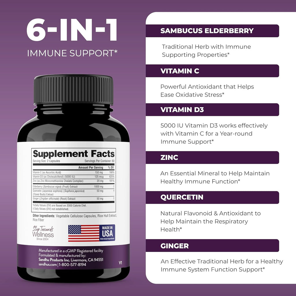 Elderberry Vitamin C & Zinc | Quercetin & Vitamin D3 | Immune Support Capsules for Adults | 2-Month Supply | Herbal Supplement for Men &amp; Women