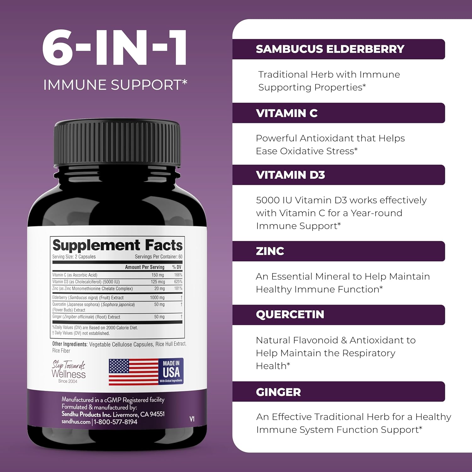 Elderberry Vitamin C & Zinc | Quercetin & Vitamin D3 | Immune Support Capsules for Adults | 2-Month Supply | Herbal Supplement for Men &amp; Women