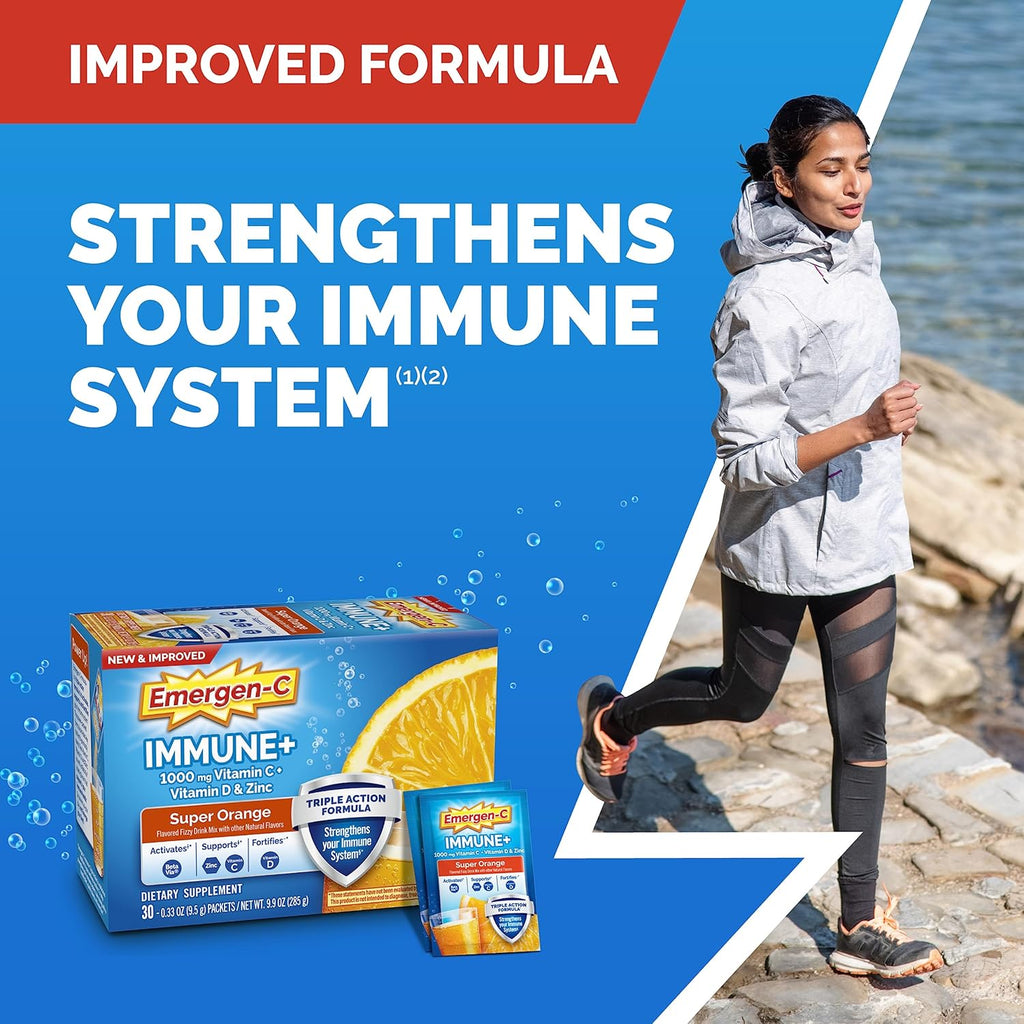 Emergen-C Immune+ Triple Action Powder – 1000mg Vitamin C, BetaVia®, B Vitamins &amp; Antioxidants – Super Orange Flavor – 50 Packets