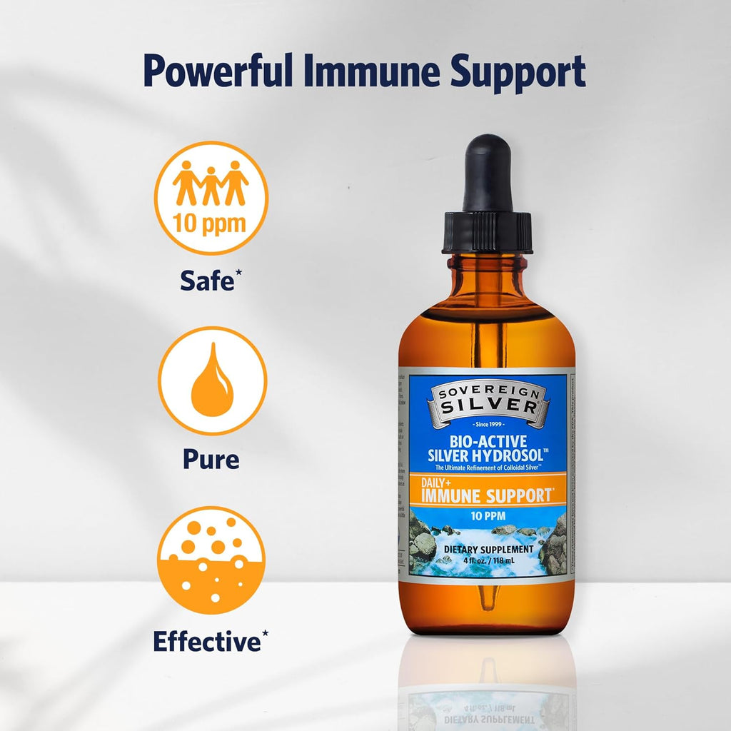 Sovereign Silver Bio-Active Silver Hydrosol – 10PPM, 4oz Dropper Premium Colloidal Silver Supplement for Immune Support