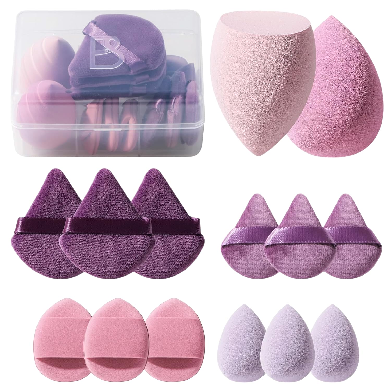 BS-MALL Triangle Makeup Sponge Set 14 Pcs with Case – Purple