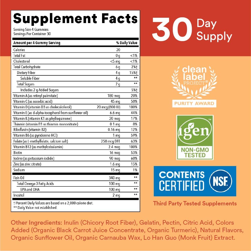 SmartyPants Kids Multivitamin Gummies with Fiber | Omega 3 Fish Oil (EPA/DHA), Vitamin D3, C, B12, B6, Zinc | 120 Count, 30-Day Supply | Delicious Lemon, Orange, & Strawberry Banana Flavors