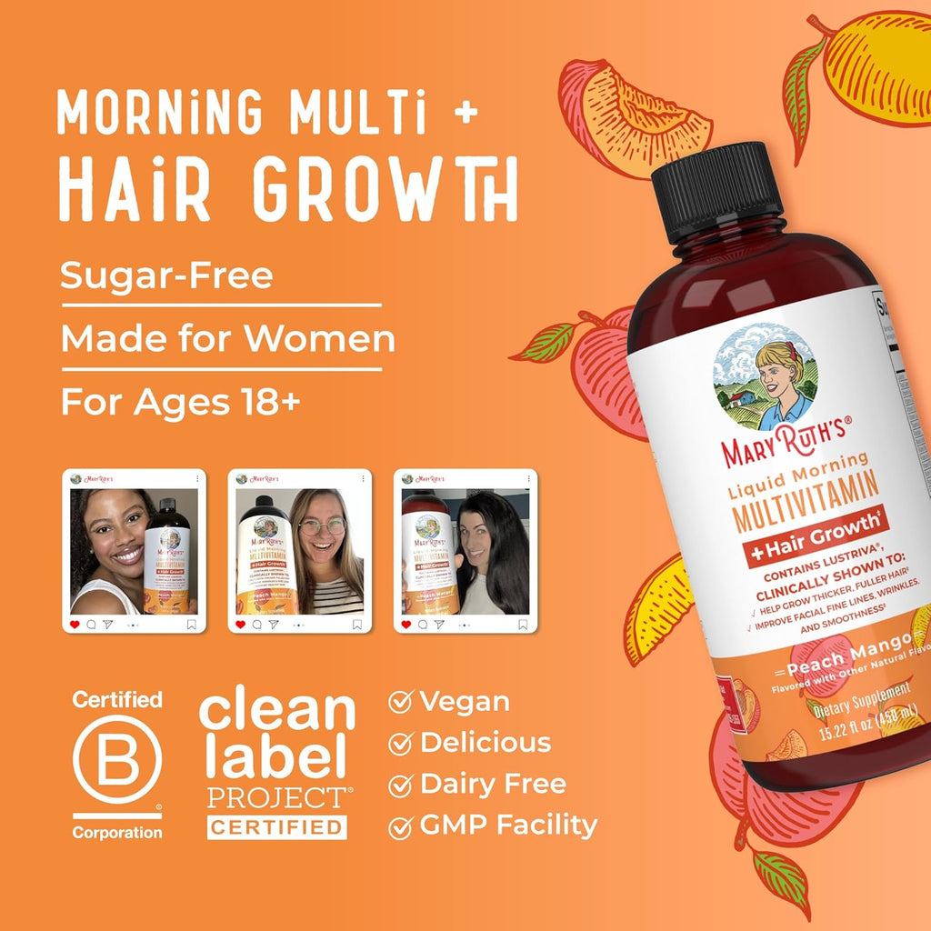 MaryRuth's Liquid Multivitamin with Lustriva® | Biotin 10000mcg for Hair Growth, Thicker Hair, Wrinkle & Skin Care | Vegan & Clinically Tested Multivitamin for Women | 15.22 Fl Oz