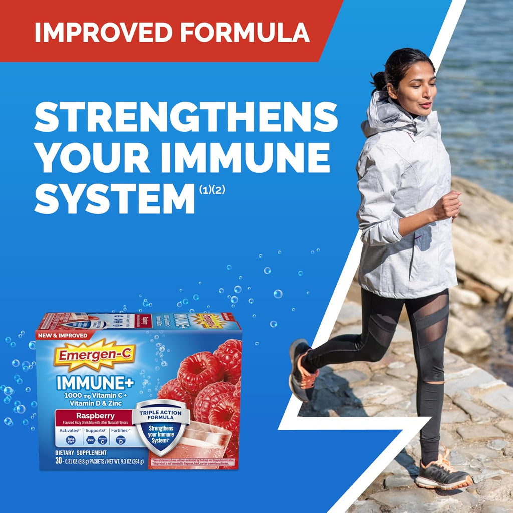 Emergen-C Immune+ Triple Action Powder – 1000mg Vitamin C, B Vitamins, BetaVia® & Antioxidants – Raspberry Flavor – 30 Packets