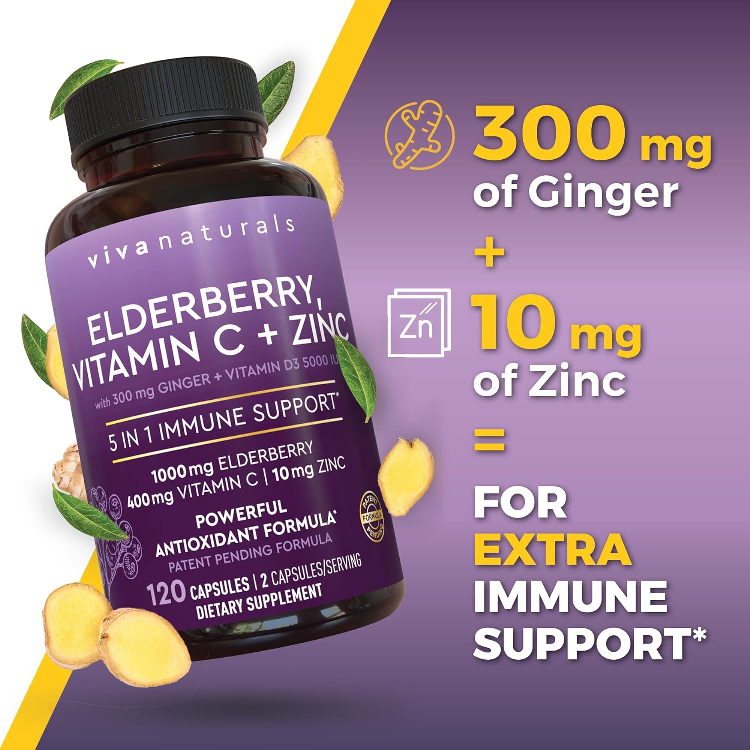 Viva Naturals Elderberry Capsules – 5-in-1 Immune Support with Vitamin C, Zinc &amp; D3 – 1000mg Sambucus Black Elderberry – 120 Capsules