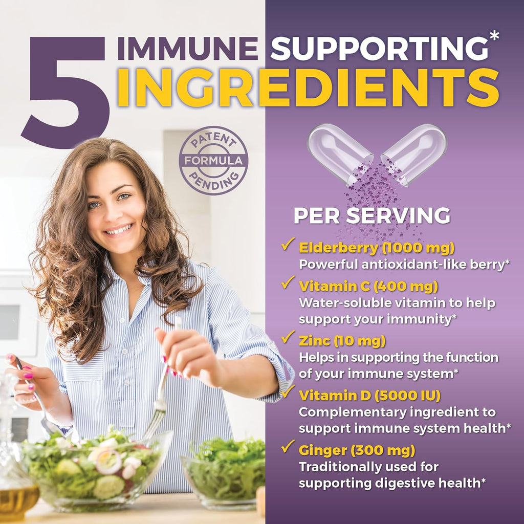 Viva Naturals Elderberry Capsules – 5-in-1 Immune Support with Vitamin C, Zinc &amp; D3 – 1000mg Sambucus Black Elderberry – 120 Capsules