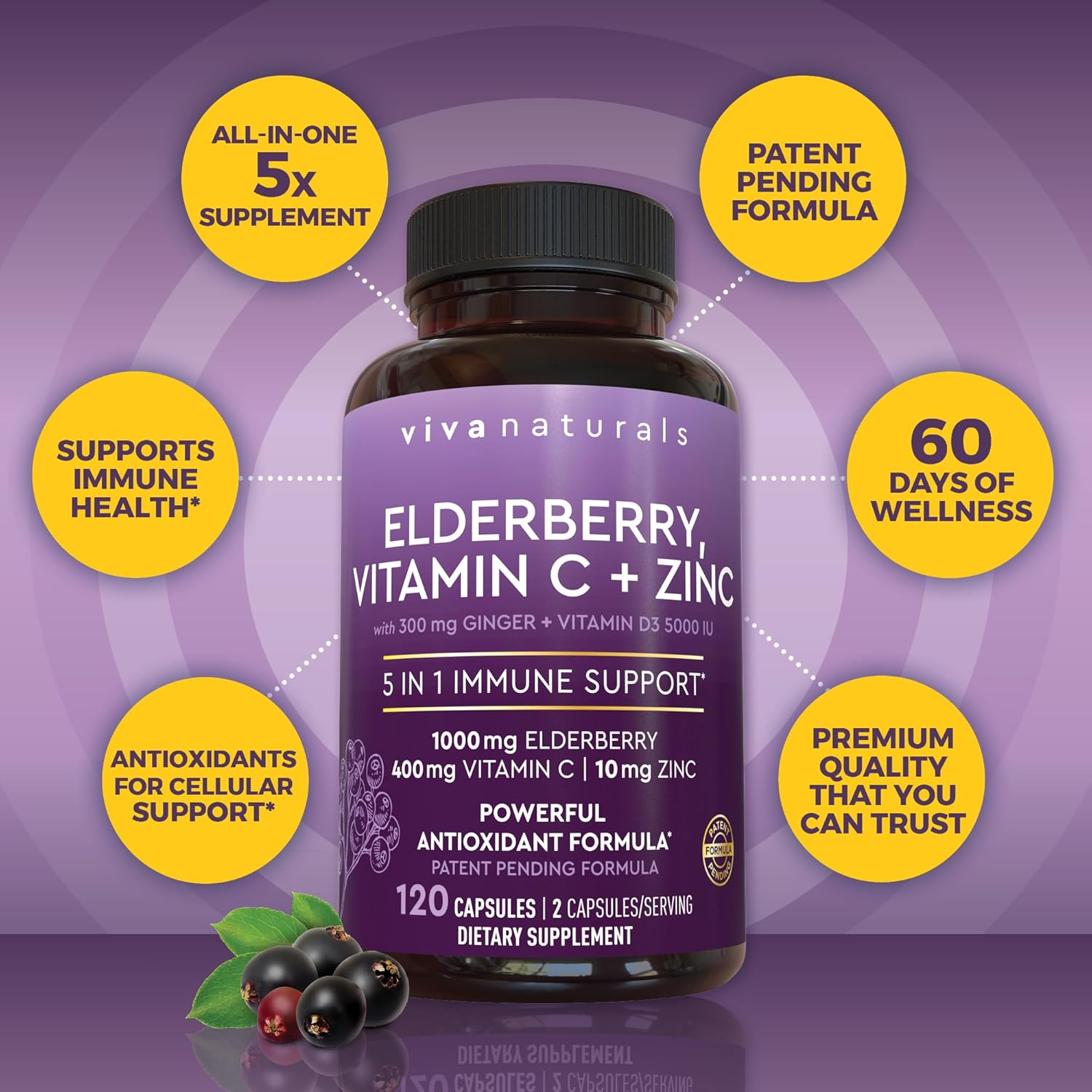 Viva Naturals Elderberry Capsules – 5-in-1 Immune Support with Vitamin C, Zinc &amp; D3 – 1000mg Sambucus Black Elderberry – 120 Capsules