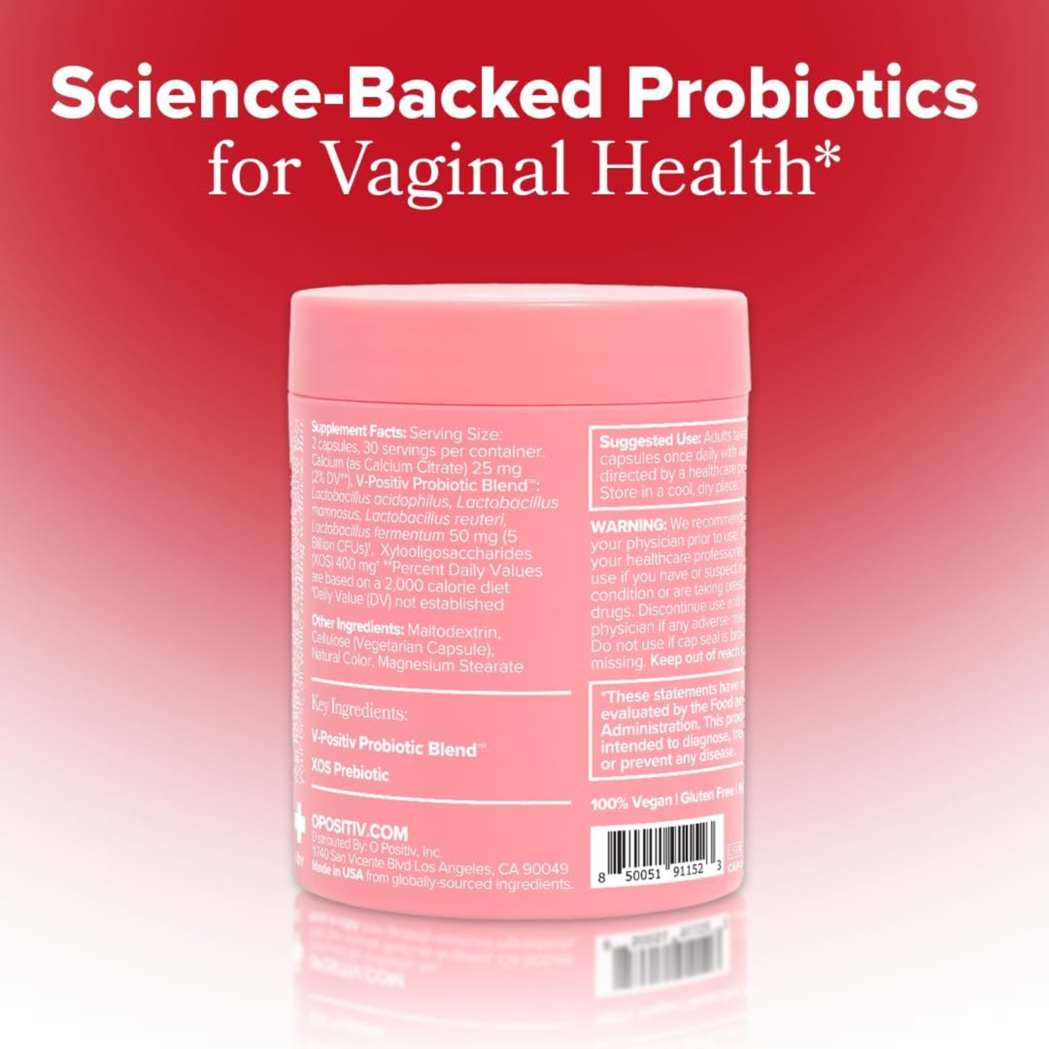 O Positiv URO Vaginal Probiotics for Women – pH Balance, Odor & Flora Support with Prebiotics & Lactobacillus – 60 Capsules